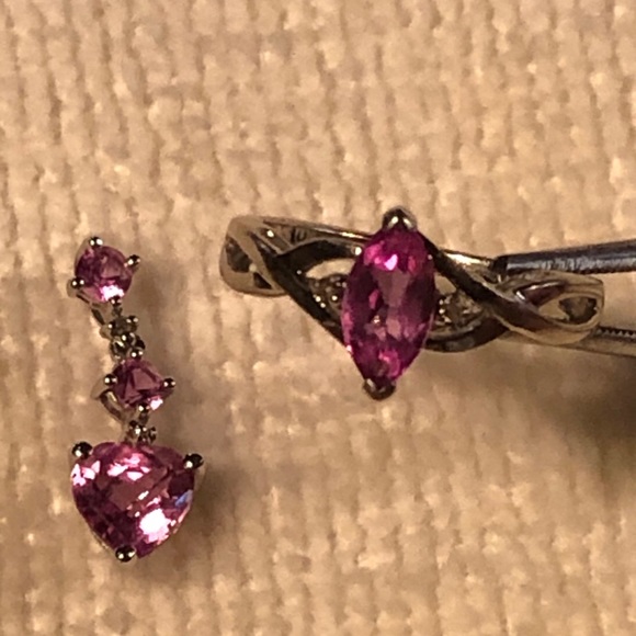Pink Sapphire Triple Stone Heart Drop Pendant 10K - Picture 11 of 11